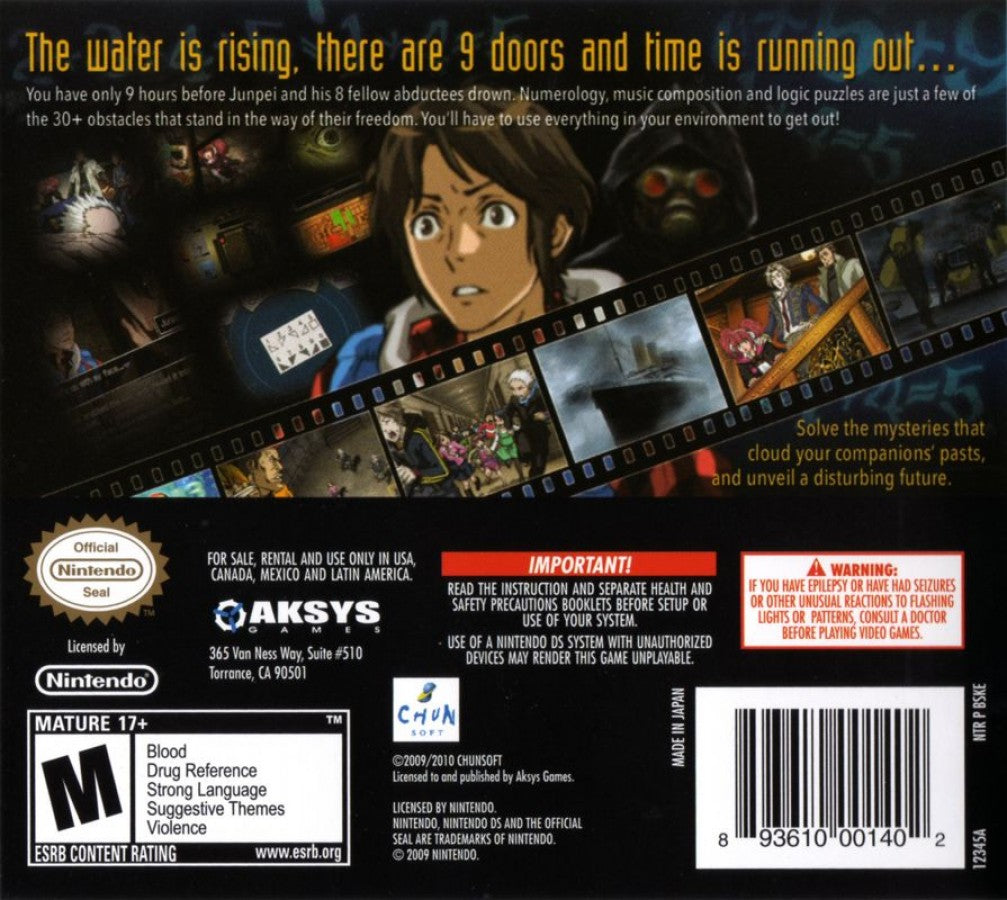 999: 9 Hours, 9 Persons, 9 Doors back of case for Nintendo DS (DS) visual novel puzzle adventure video game