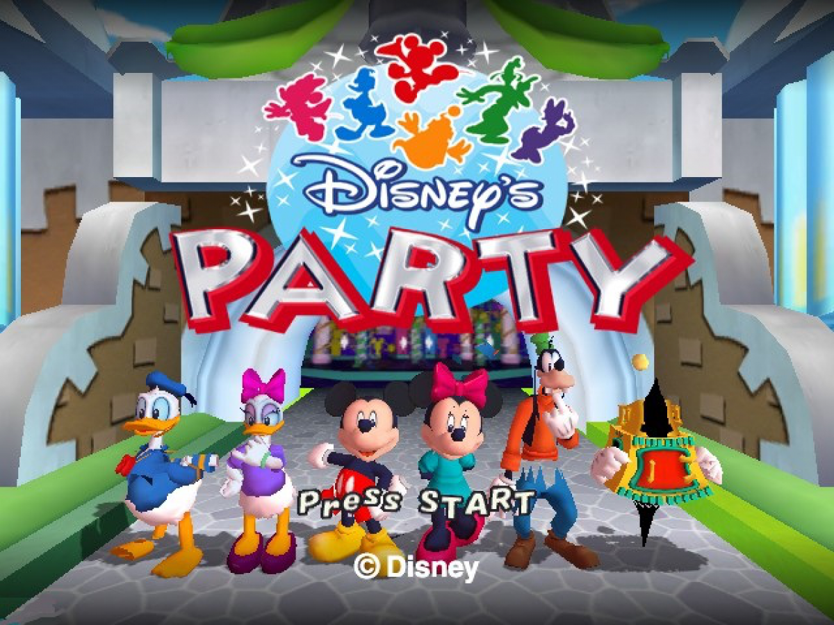 Disneys Party for GameCube featuring family friendly board game style mini games with Disney characters main menu