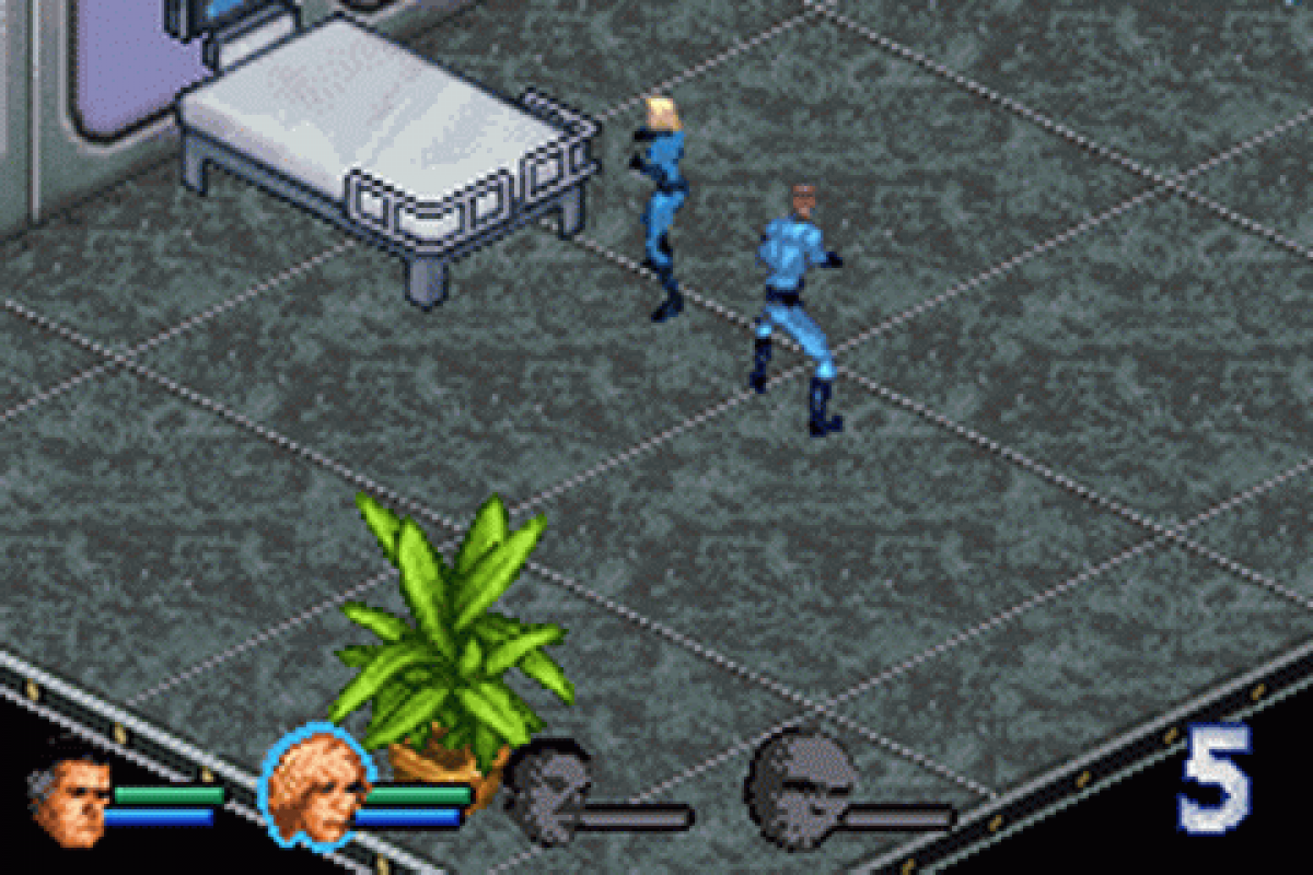 Fantastic 4 for Game Boy Advance (GBA), gameplay for a retro video game featuring action beat-em-up gameplay, superhero combat, character-based abilities, side-scrolling missions, and comic-inspired adventure