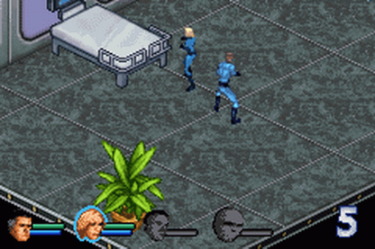 Fantastic 4 for Game Boy Advance (GBA), gameplay for a retro video game featuring action beat-em-up gameplay, superhero combat, character-based abilities, side-scrolling missions, and comic-inspired adventure