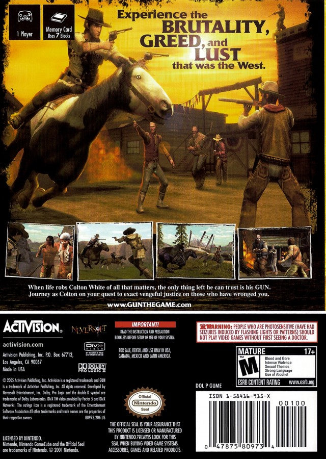 Gun GameCube game featuring Wild West action-adventure gameplay and open-world shooting missions back cover