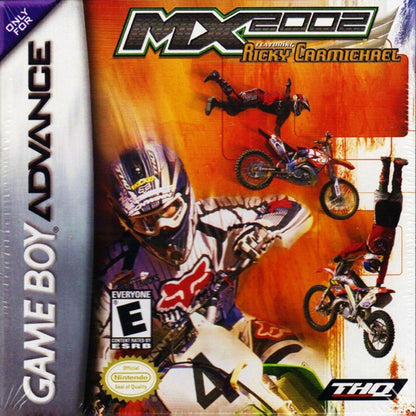 MX 2002 featuring Ricky Carmichael Game Boy Advance GBA video game featuring motocross racing gameplay off road motorcycle racing dirt tracks jumps stunts competitive races professional motocross action and classic handheld sports gaming retro video game collection collectible gaming appeal cover art