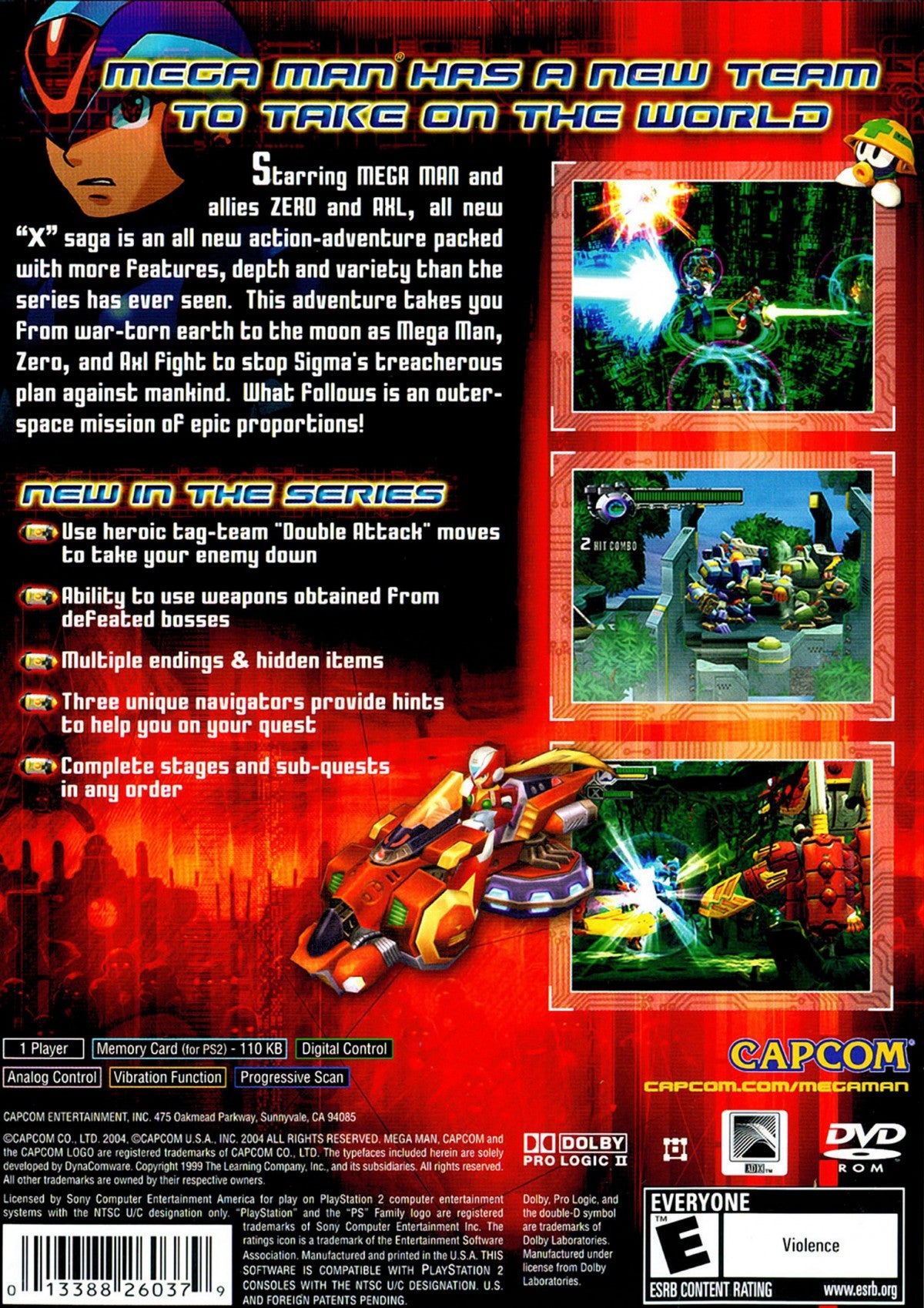 Mega Man X8 PS2 Sony PlayStation 2 action platformer side scrolling shooter Capcom Mega Man X series robot combat dash shooting upgrade system boss battles fast paced platforming retro gaming PlayStation 2 software video game title back cover art