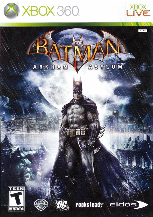 Retro Batman Arkham Asylum Xbox 360 inspired design featuring dark superhero action adventure aesthetic vintage HD era Gotham City atmosphere stealth combat predator gameplay Arkham Island asylum setting iconic DC Comics Batman experience nostalgic cinematic presentation covr art