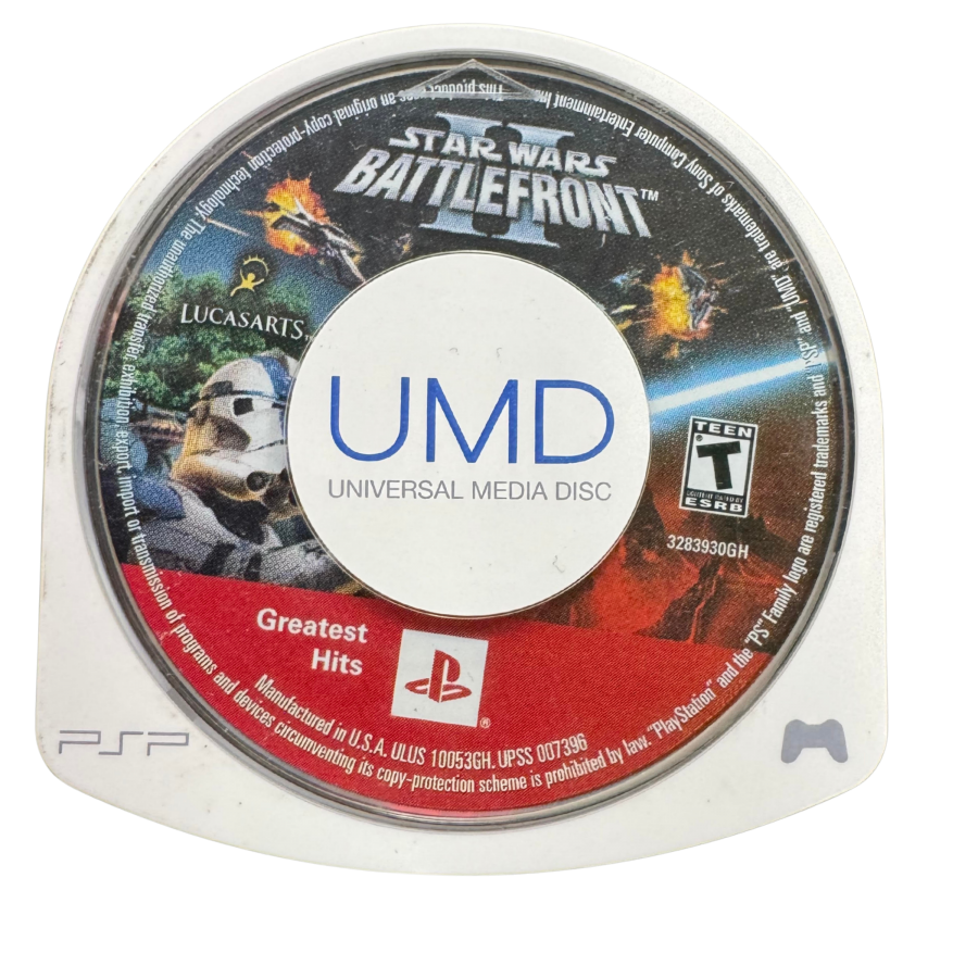 Star Wars Battlefront II PlayStation Portable PSP for retro video game enthusiasts featuring third person shooter gameplay iconic Star Wars battles playable heroes and villains campaign missions space battles multiplayer action classic Star Wars gaming and collectible gaming appeal disc