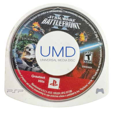 Star Wars Battlefront II PlayStation Portable PSP for retro video game enthusiasts featuring third person shooter gameplay iconic Star Wars battles playable heroes and villains campaign missions space battles multiplayer action classic Star Wars gaming and collectible gaming appeal disc