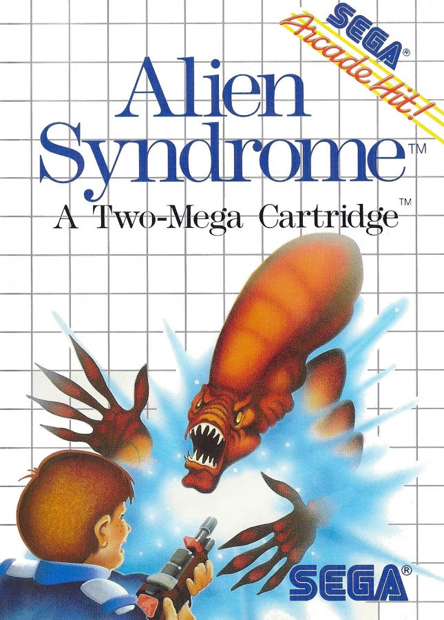 Alien Syndrome Sega Master System SMS for arcade action shooter video game fans featuring alien combat maze exploration rescue missions enemy hordes weapon upgrades power ups challenging stages futuristic environments and fast paced classic Sega Master System gameplay collectible retro gaming appeal front cover art