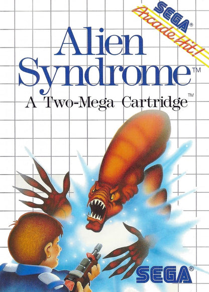 Alien Syndrome Sega Master System SMS for arcade action shooter video game fans featuring alien combat maze exploration rescue missions enemy hordes weapon upgrades power ups challenging stages futuristic environments and fast paced classic Sega Master System gameplay collectible retro gaming appeal front cover art