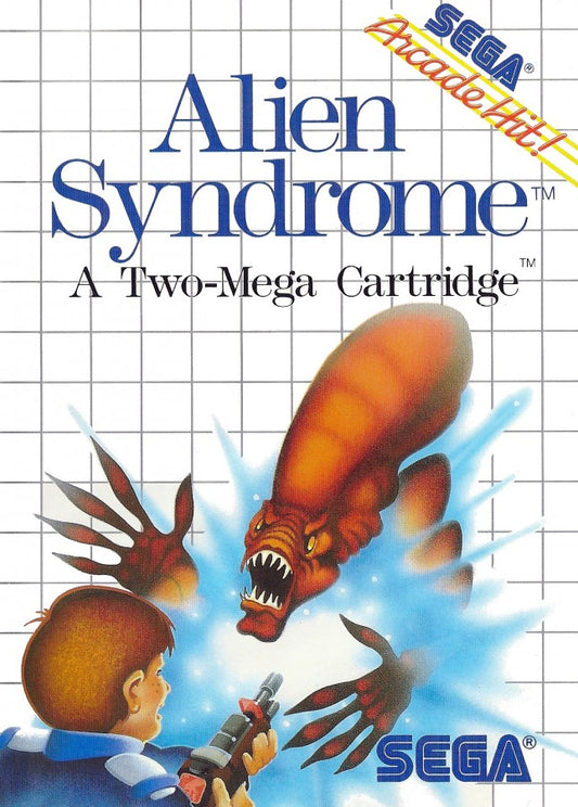 Alien Syndrome Sega Master System SMS for arcade action shooter video game fans featuring alien combat maze exploration rescue missions enemy hordes weapon upgrades power ups challenging stages futuristic environments and fast paced classic Sega Master System gameplay collectible retro gaming appeal front cover art