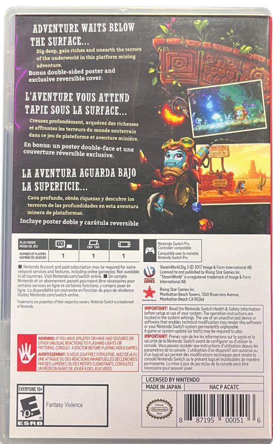 SteamWorld Dig 2 Nintendo Switch inspired design featuring charming underground action adventure aesthetic steampunk robot exploration mining gameplay interconnected cave systems platforming progression puzzle solving and colorful handcrafted environments presentation back art