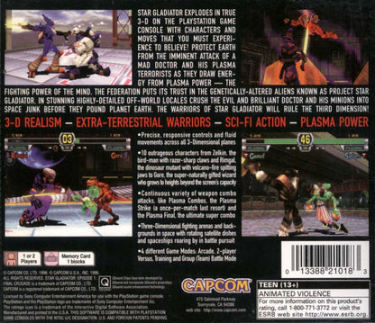 Star Gladiator Episode I Final Crusade PlayStation PS1 for 3D fighting video game fans featuring futuristic martial arts combat multiple playable characters weapon based battles powerful special attacks sci fi arenas fast paced arcade action challenging opponents classic Capcom fighting gameplay collectible gaming appeal back cover art