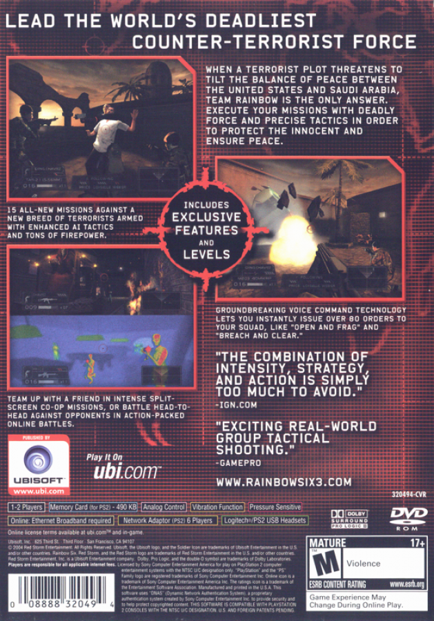 Tom Clancy's Rainbow Six 3 – PlayStation 2 (PS2) video game back of case, tactical shooter.