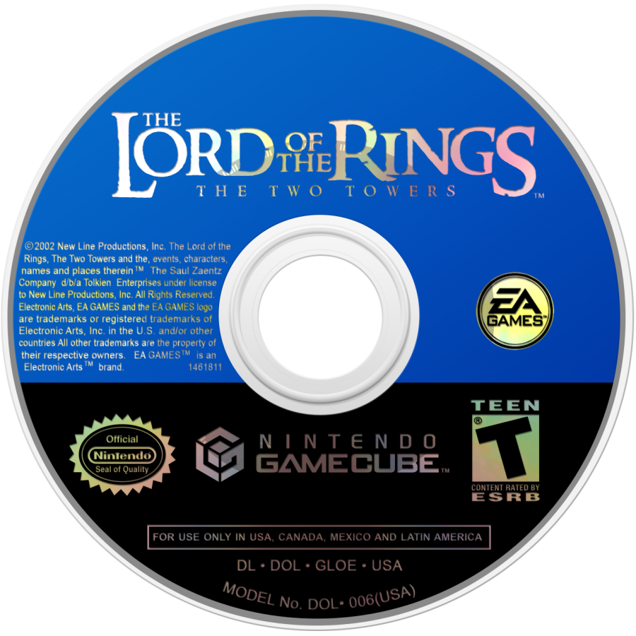 Disc art for The Lord of the Rings The Two Towers Player’s Choice GameCube GC video game, action RPG, fantasy adventure, movie tie-in, multiplayer, Nintendo GameCube classic