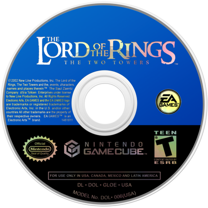 Disc art for The Lord of the Rings The Two Towers Player’s Choice GameCube GC video game, action RPG, fantasy adventure, movie tie-in, multiplayer, Nintendo GameCube classic