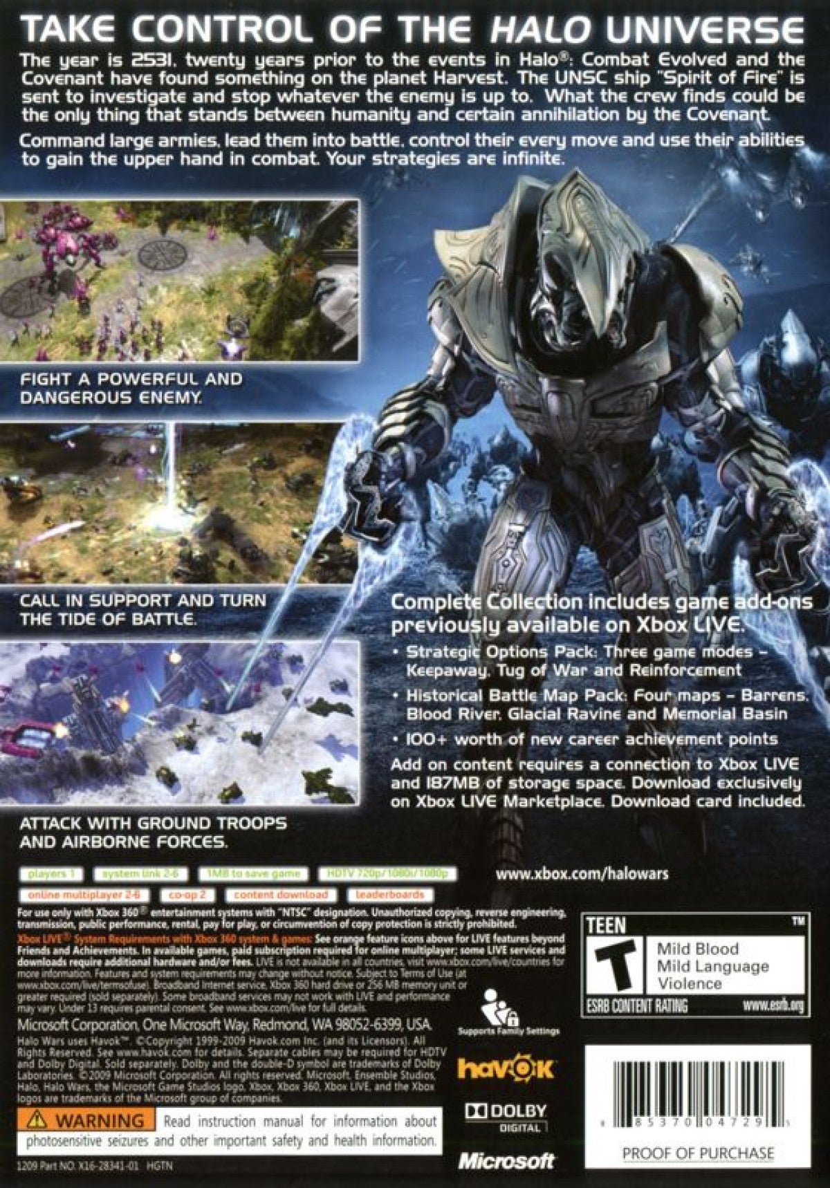 Halo Wars Platinum Hits for Xbox 360 with real-time strategy action set in the Halo universe back cover