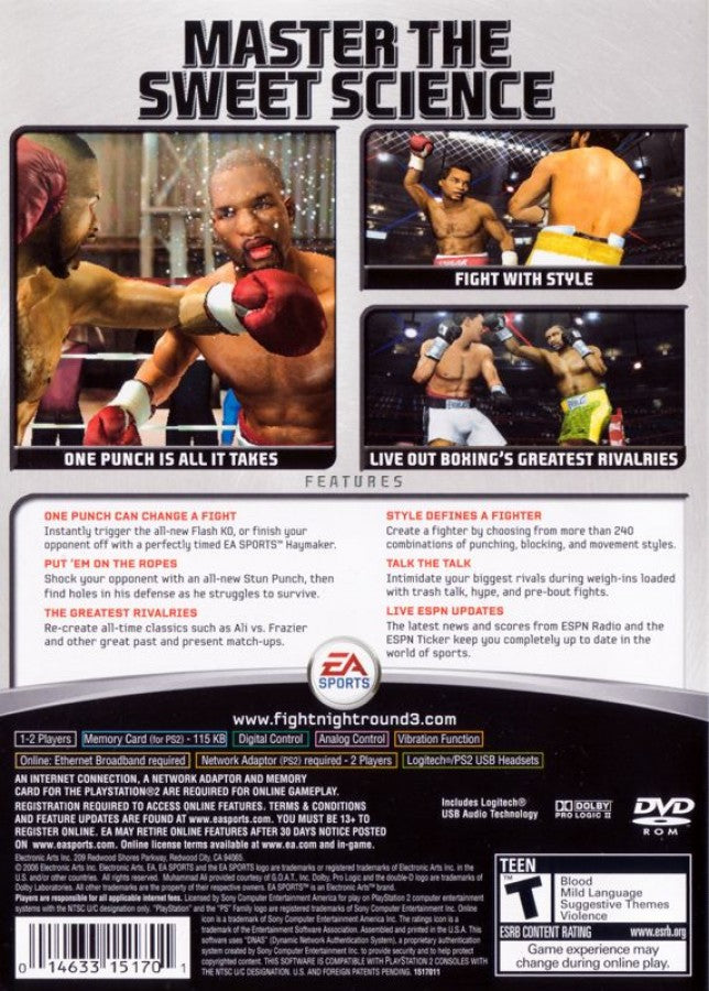 Fight Night: Round 3 back of case for PlayStation 2 (PS2) realistic boxing sports simulation video game