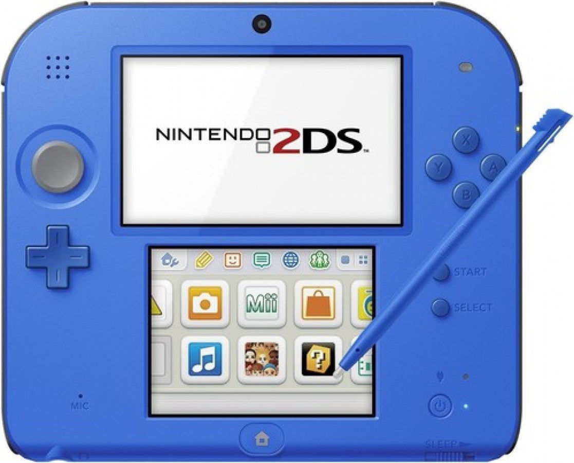 Electric Blue Nintendo 2DS console handheld gaming system blue color Nintendo 2DS hardware portable console dual screen touch screen stylus support backward compatible Nintendo DS games built in controls gaming device handheld system front of system with stylus