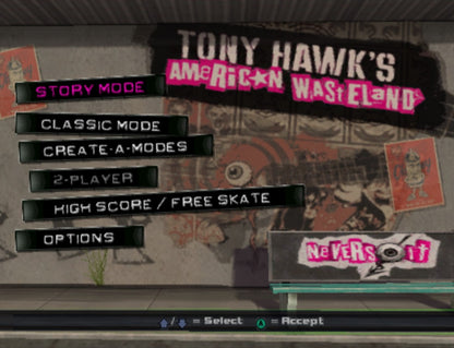Gameplay for Tony Hawks American Wasteland GameCube GC video game, skateboarding, extreme sports, tricks and stunts, open world, multiplayer, Nintendo GameCube classic 