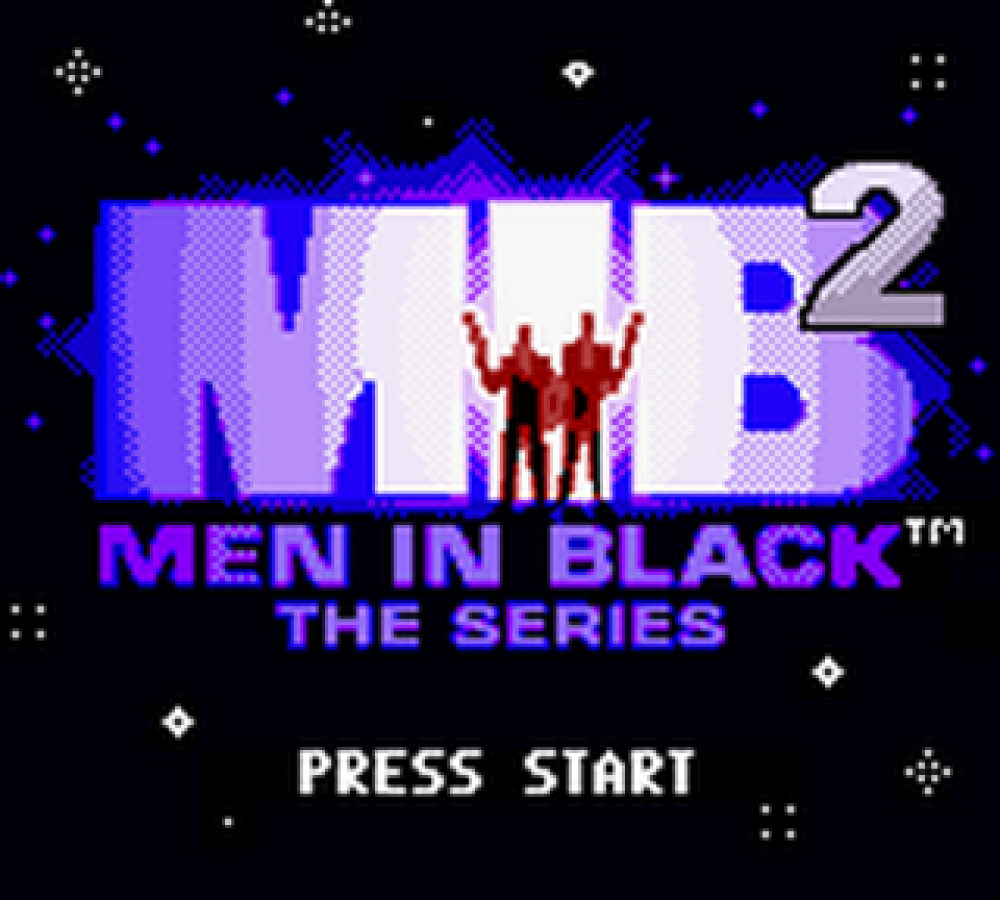 Men in Black The Series 2 for Game Boy Color, title screen for an action-adventure video game with alien combat, side-scrolling gameplay, mission-based levels, and sci-fi action