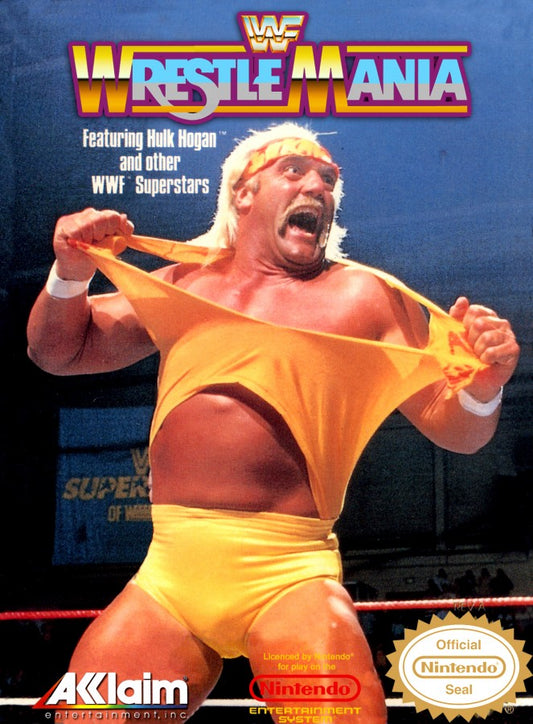 WWF WrestleMania Nintendo Entertainment System NES video game featuring professional wrestling gameplay WWF superstars wrestling matches signature moves grappling attacks competitive bouts arena action and classic 8 bit Nintendo sports entertainment gameplay retro video game collection collectible gaming appeal front cover art