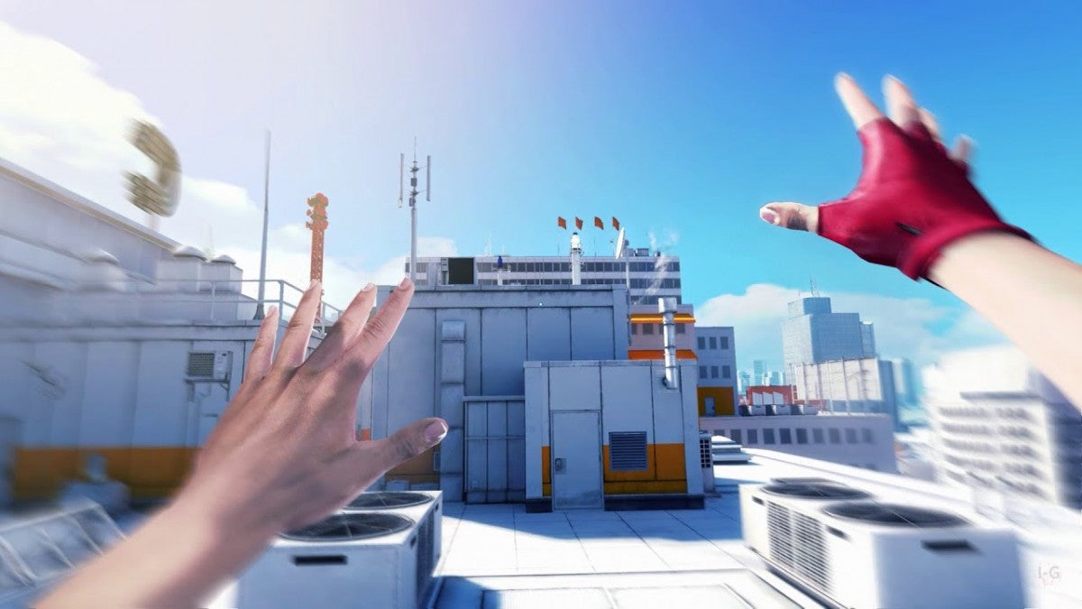 Mirrors Edge Xbox 360 video game featuring first person parkour gameplay fluid free running combat futuristic city environments and critically acclaimed EA action adventure title gameplay