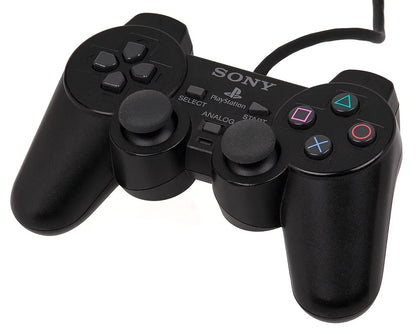 Official Sony DualShock 2 wired controller for PlayStation 2 featuring analog sticks, directional pad, four action buttons, and dual shoulder buttons