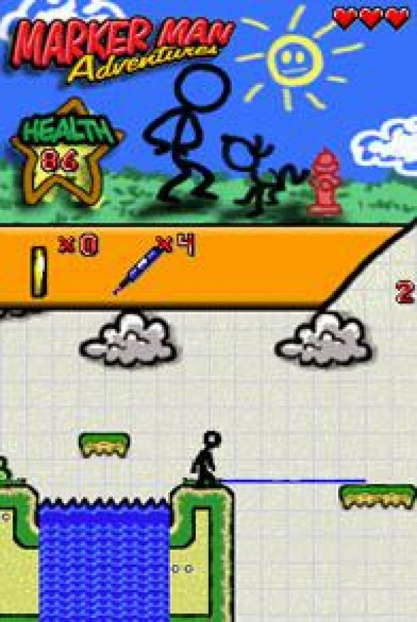 Marker Man Adventures for Nintendo DS, gameplay for a puzzle platformer video game with drawing-based gameplay, creative level navigation, and stylus-controlled challenges