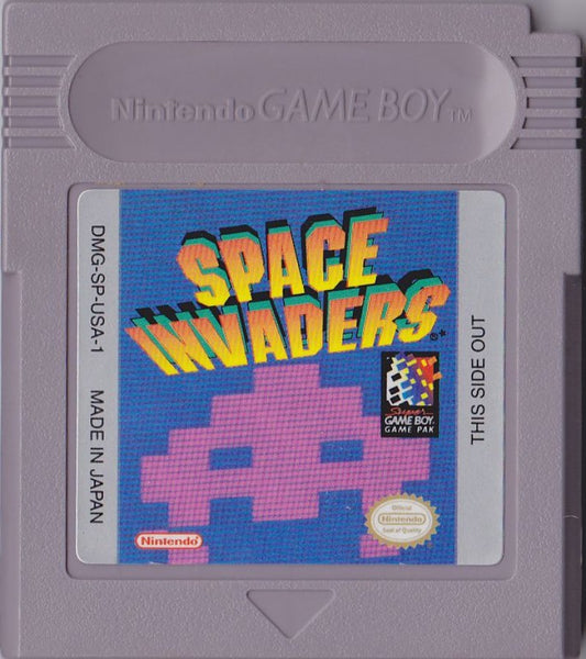 Space Invaders for Game Boy, cartridge for an arcade shooter video game with alien invasion gameplay, wave-based enemies, score challenges, and classic retro action
