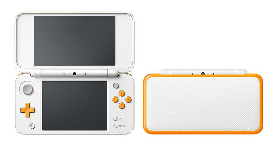 Retro orange and white New Nintendo 2DS XL inspired design featuring dual screen handheld gaming console aesthetic foldable portable Nintendo hardware sleek clamshell design stylized controls vibrant retro gaming nostalgia presentation
