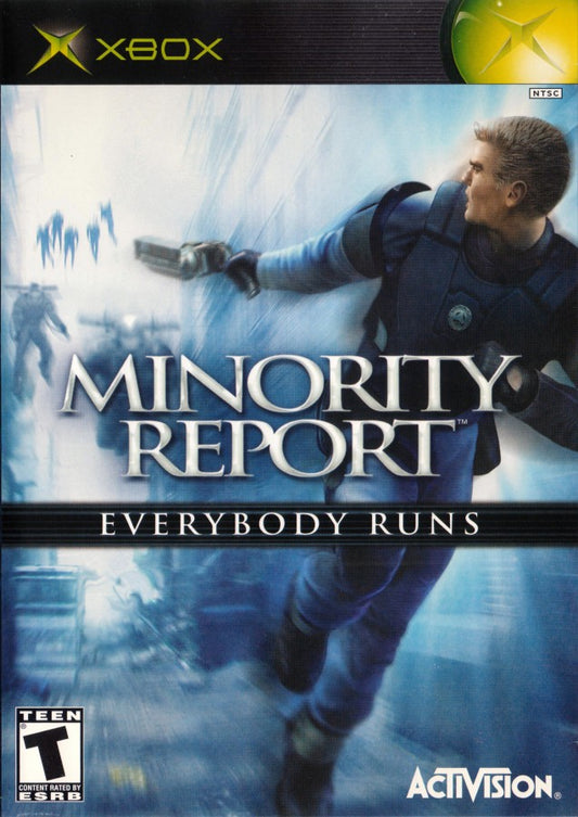 Minority Report Everybody Runs Xbox game featuring third-person action gameplay, futuristic crime fighting mechanics, and cinematic sci-fi adventure based on the film front cover art