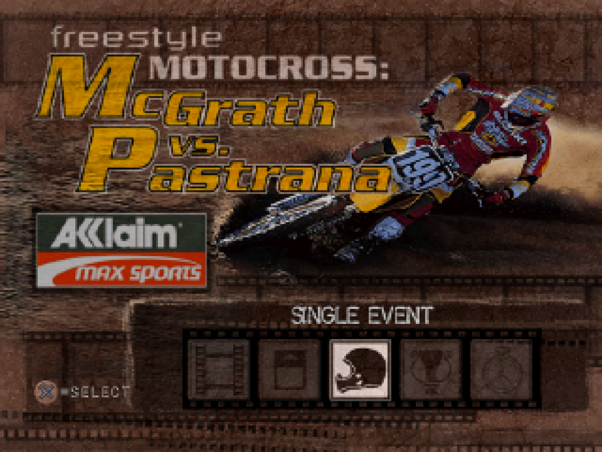 Freestyle Motocross McGrath vs. Pastrana PlayStation 1 PS1 video game, motocross racing and freestyle stunts, extreme sports action, classic console title main menu title screen