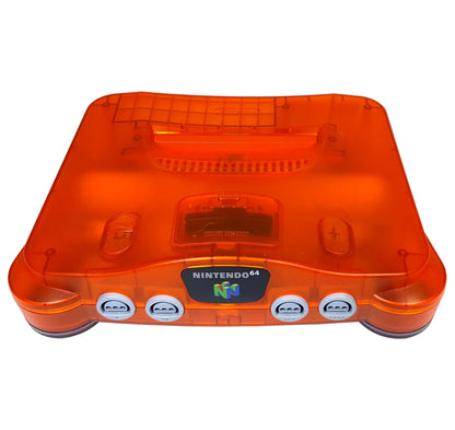 Top-down view of Nintendo 64 Funtastic Fire Orange console with translucent orange casing and classic N64 design