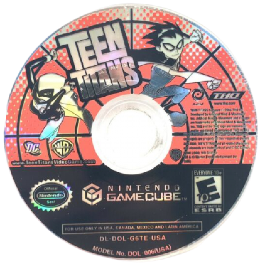 Disc art for Teen Titans GameCube GC video game, action adventure, beat ’em up gameplay, DC Comics superheroes, multiplayer, classic Nintendo GameCube title
