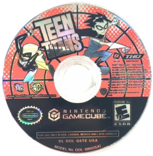 Disc art for Teen Titans GameCube GC video game, action adventure, beat ’em up gameplay, DC Comics superheroes, multiplayer, classic Nintendo GameCube title