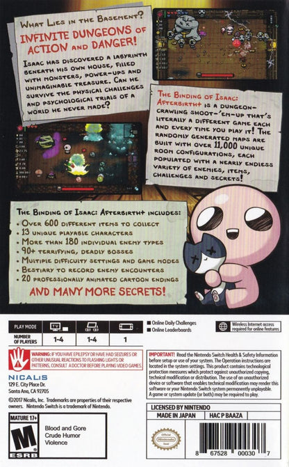 The Binding of Isaac Afterbirth+ Nintendo Switch NS for roguelike action video game fans featuring dungeon crawling randomly generated levels twin stick shooting challenging enemies item collection character upgrades boss battles dark humor multiple playable characters and endless replayable gameplay collectible gaming appeal back cover art