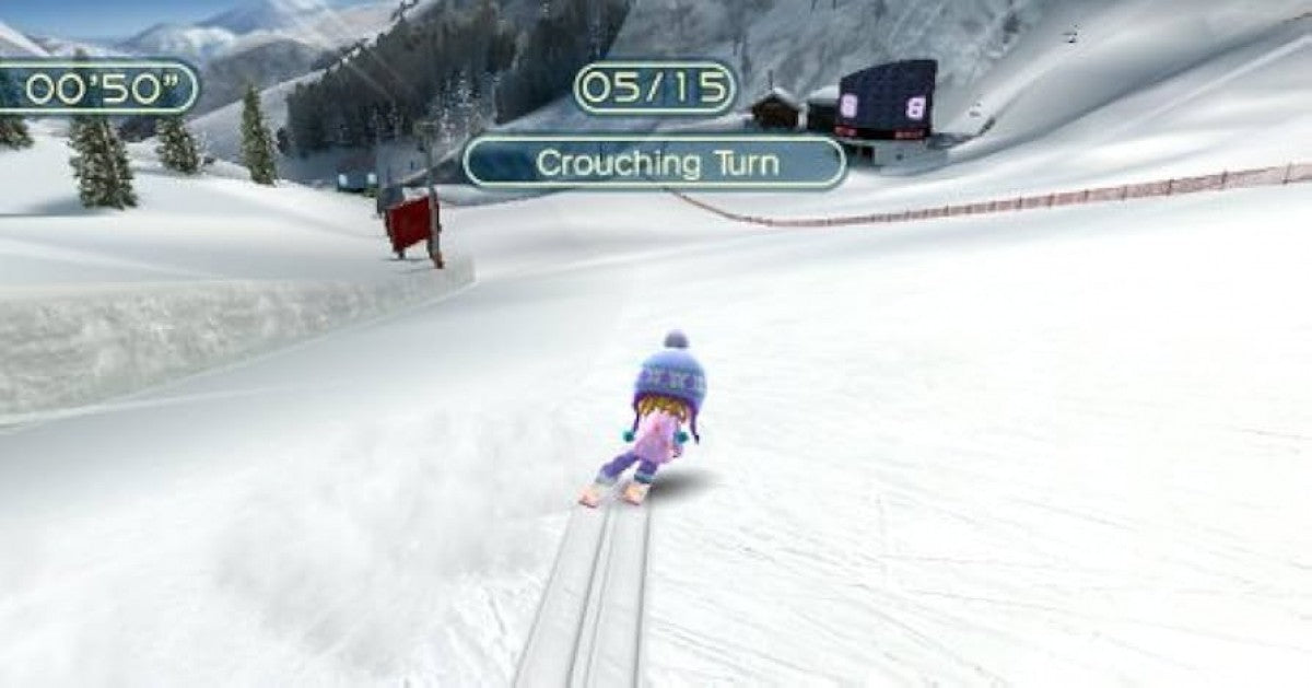We Ski & Snowboard gameplay for Nintendo Wii (Wii) featuring motion‑controlled skiing and snowboarding on expansive mountain slopes, customizable characters, and family‑friendly freestyle and race events.