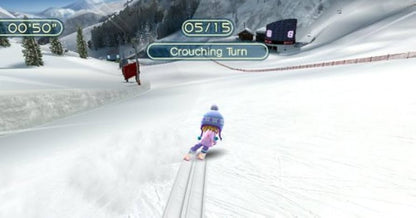We Ski & Snowboard gameplay for Nintendo Wii (Wii) featuring motion‑controlled skiing and snowboarding on expansive mountain slopes, customizable characters, and family‑friendly freestyle and race events.