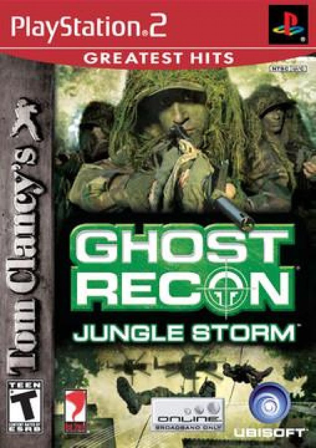 Tom Clancy's Ghost Recon Jungle Storm Greatest Hits PlayStation 2 PS2 for tactical military shooter video game fans featuring elite special forces missions stealth based combat squad commands realistic weapons jungle environments strategic planning multiplayer battles immersive military operations collectible gaming appeal front cover art