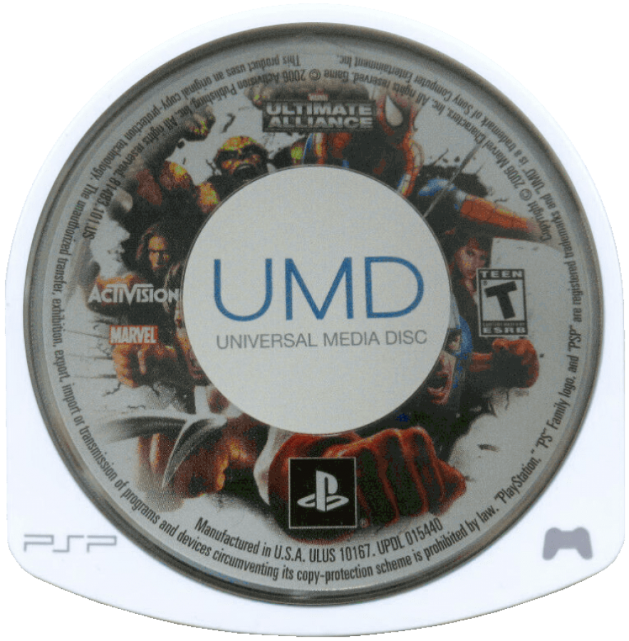 Marvel Ultimate Alliance PlayStation Portable PSP for retro video game enthusiasts featuring action role playing gameplay iconic Marvel superheroes team based combat character abilities comic book inspired story missions cooperative style action and collectible gaming appeal disc