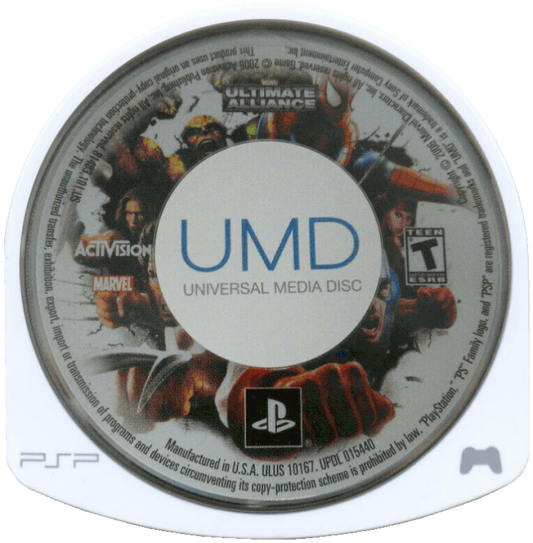 Marvel Ultimate Alliance PlayStation Portable PSP for retro video game enthusiasts featuring action role playing gameplay iconic Marvel superheroes team based combat character abilities comic book inspired story missions cooperative style action and collectible gaming appeal disc