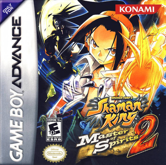 Shaman King Master of Spirits 2 for Game Boy Advance (GBA), cover image for a retro video game featuring action platforming gameplay, spirit-based combat, anime-inspired storyline, character progression, and side-scrolling adventure