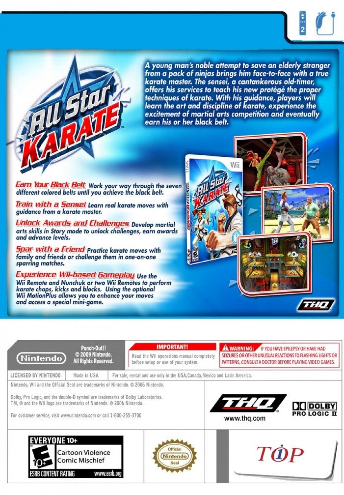 All Star Karate for Nintendo Wii, back of case for a martial arts sports video game with motion controls, karate training, family-friendly combat, and fitness-style gameplay