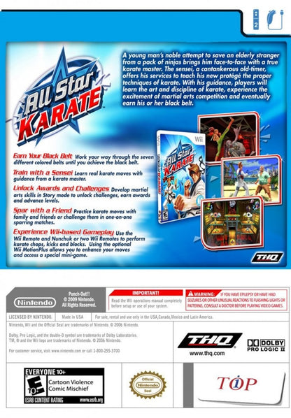 All Star Karate for Nintendo Wii, back of case for a martial arts sports video game with motion controls, karate training, family-friendly combat, and fitness-style gameplay