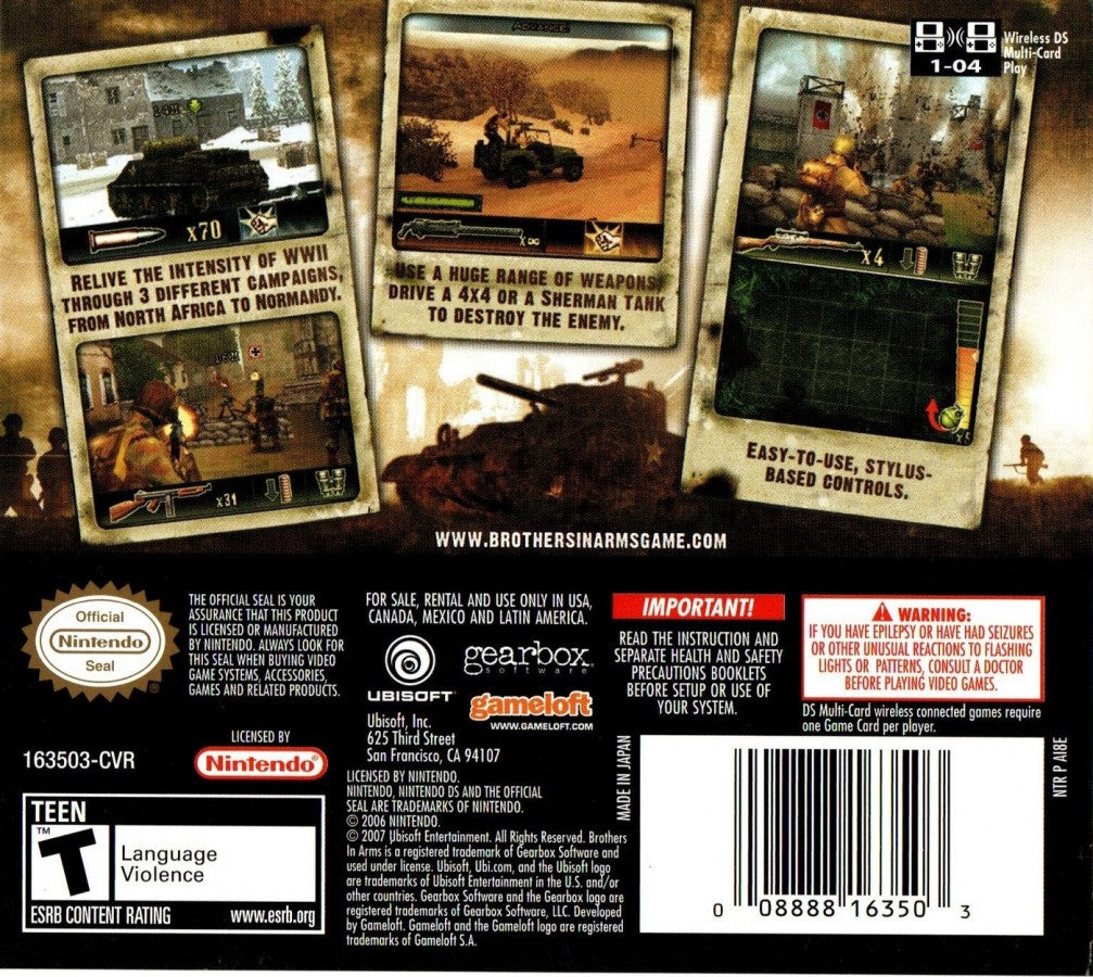 Brothers in Arms: War Stories back of case for Nintendo DS (DS) World War II shooter action video game