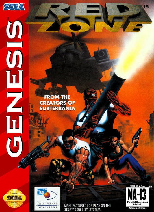 Red Zone Sega Genesis GEN for retro video game enthusiasts featuring military action gameplay combat helicopter missions tactical vehicle combat intense battlefield operations advanced 16 bit graphics and collectible gaming appeal front cover