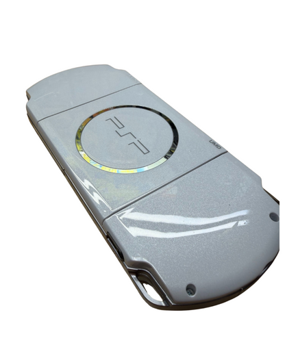 PSP 3000 Pearl White handheld console featuring slim lightweight Sony PlayStation Portable system bright LCD screen WiFi multimedia support and collectible portable gaming hardware back view
