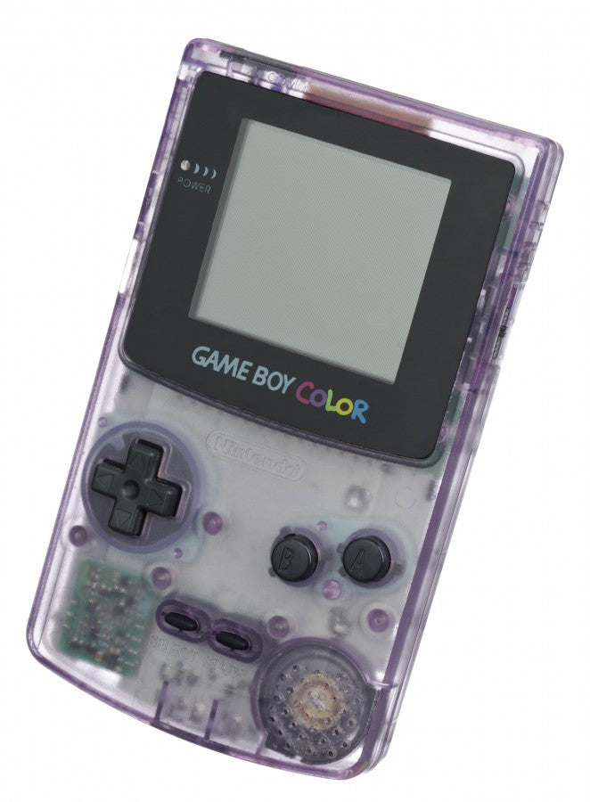 Game Boy Color Atomic Purple Nintendo Game Boy Color handheld console in transparent atomic purple shell portable cartridge based gaming system classic retro handheld device front