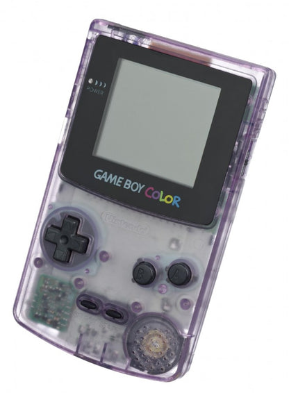 Game Boy Color Atomic Purple Nintendo Game Boy Color handheld console in transparent atomic purple shell portable cartridge based gaming system classic retro handheld device front