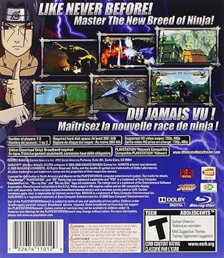 Naruto Ultimate Ninja Storm back cover art for PlayStation 3 fighting video game. 