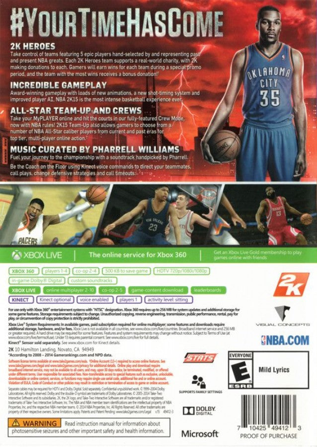 NBA 2K15 Xbox 360 basketball simulation video game with Kevin Durant cover athlete MyCAREER story mode, MyTEAM card collecting, The Park online streetball, authentic teams players, 2K Sports back cover